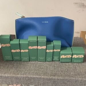 New La Mer Skincare Set 9 pieces travel size Blue Zip cosmetic Pouch